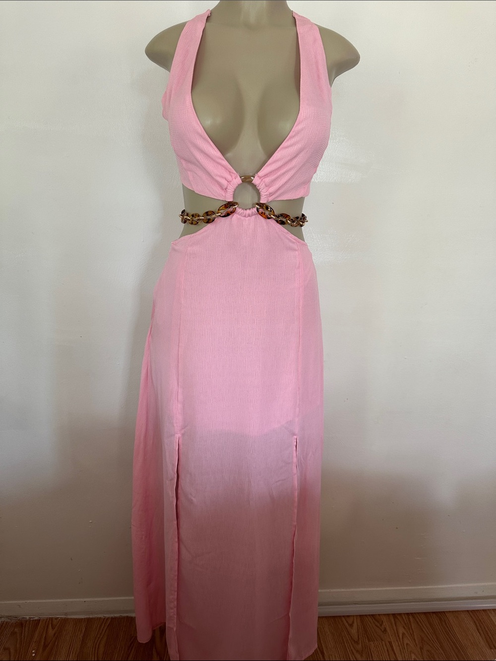 Pink Cutout Maxi Dress with Tortoiseshell Ring Detail